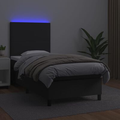 vidaXL Pat cu arcuri, saltea și LED, negru, 90x190 cm, piele ecologică