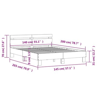 vidaXL Cadru de pat cu tăblie, gri sonoma, 140x200 cm, lemn prelucrat