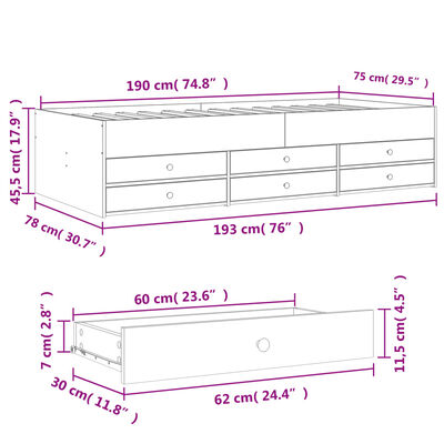 vidaXL Pat de zi cu sertare fără saltea, gri beton, 75x190 cm