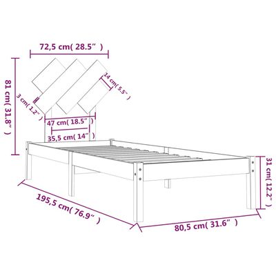 vidaXL Cadru de pat mic single, negru, 75x190 cm, lemn masiv