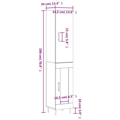 vidaXL Dulap înalt, alb extralucios, 34,5x34x180 cm, lemn prelucrat