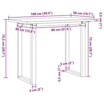 vidaXL Masă bucătărie, cadru O, 100x50x75,5 cm lemn masiv pin și fontă