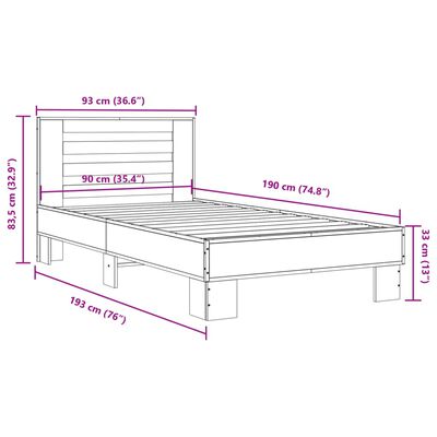 vidaXL Cadru de pat, stejar fumuriu, 90x190cm, lemn prelucrat și metal