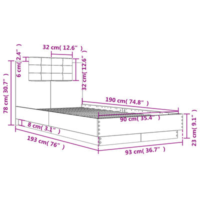 vidaXL Cadru de pat cu tăblie și lumini LED, stejar sonoma, 90x190 cm