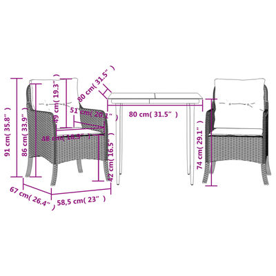 vidaXL Set mobilier de grădină cu perne, 3 piese, gri, poliratan