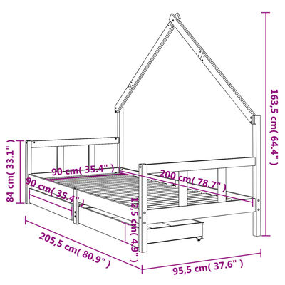 vidaXL Cadru de pat copii cu sertare, negru, 90x200 cm, lemn masiv pin