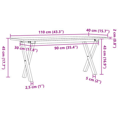 vidaXL Masă de cafea, cadru X, 110x40x45 cm, lemn masiv pin și fontă