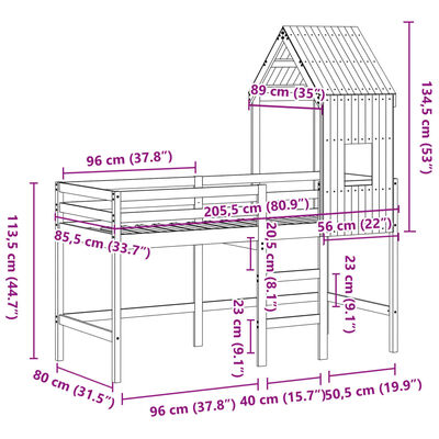 vidaXL Pat etajat cu scară și acoperiș, alb, 80x200 cm, lemn masiv pin