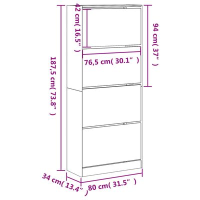 vidaXL Pantofar cu 4 sertare rabatabile, stejar fumuriu, 80x34x187,5cm