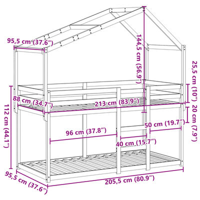 vidaXL Pat supraetajat cu acoperiș maro ceruit 90x200cm lemn masiv pin