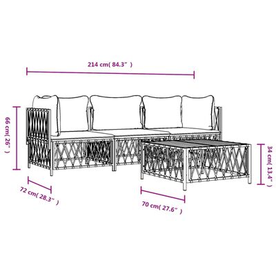 vidaXL Set mobilier de grădină, 4 piese, cu perne, alb, oțel