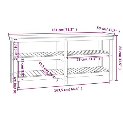 vidaXL Banc de lucru, maro miere, 181x50x80 cm, lemn masiv pin