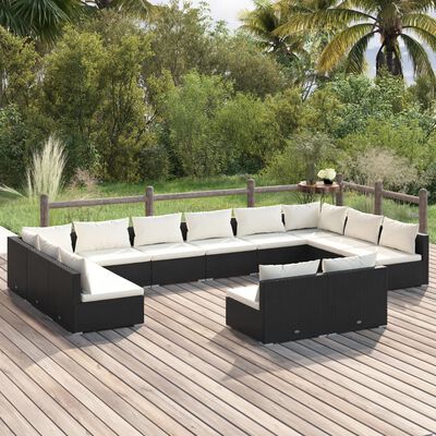 vidaXL Set mobilier de grădină cu perne, 12 piese, negru, poliratan