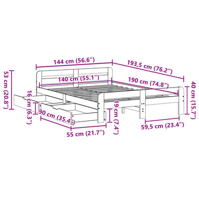 vidaXL Cadru de pat fără saltea, 140x190 cm, lemn masiv de pin