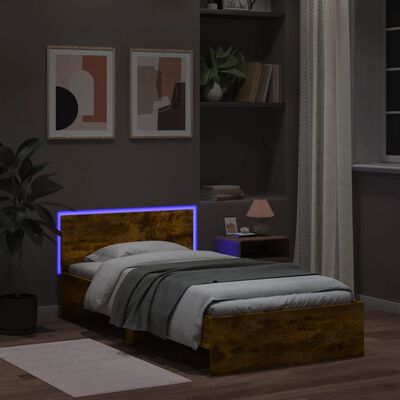 vidaXL Cadru de pat cu tăblie și LED, stejar fumuriu, 100x200 cm