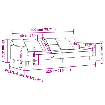 vidaXL Canapea extensibilă cu 2 locuri, 2 perne, negru, catifea