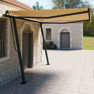 vidaXL Copertină retractabilă manual, cu stâlpi, galben și alb, 4x3 m