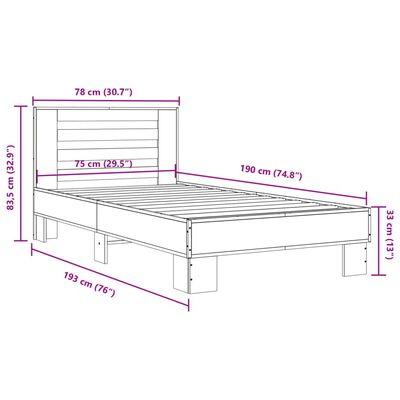 vidaXL Cadru de pat, gri sonoma, 75x190 cm, lemn prelucrat și metal