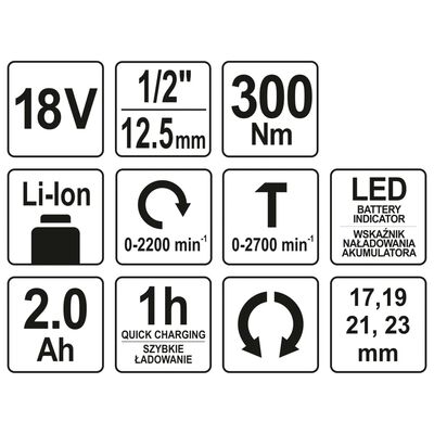 YATO Cheie de impact cu baterie Li-ion de 2,0Ah 1/2" 18V 300Nm