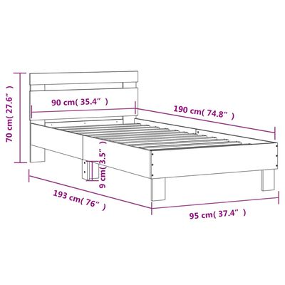 vidaXL Cadru de pat cu tăblie și lumini LED, gri beton, 90x190 cm