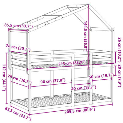 vidaXL Pat supraetajat cu acoperiș maro ceruit 80x200cm lemn masiv pin