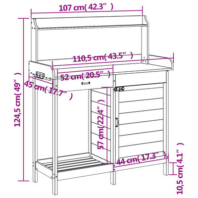 vidaXL Masă de plantare cu dulap, 110,5x45x124,5 cm lemn masiv brad