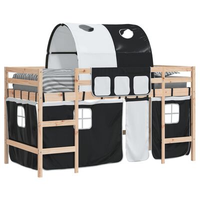 vidaXL Pat etajat de copii cu tunel alb/negru 90x200 cm lemn masiv pin