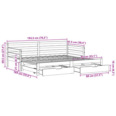 vidaXL Pat de zi cu extensie și sertare alb 90x190 cm lemn masiv pin