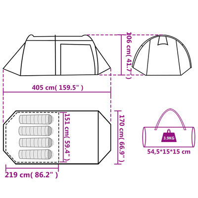 vidaXL Cort de camping tunel pentru 4 persoane, albastru, impermeabil