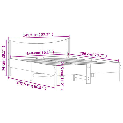 vidaXL Cadru de pat fără saltea, alb, 140x200 cm, lemn masiv pin