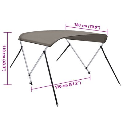 vidaXL Parasolar barcă Bimini cu 2 arcuri, gri, 180x130x110 cm