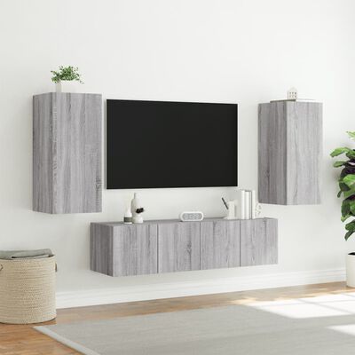 vidaXL Unități de perete TV cu LED-uri, 4 piese, gri sonoma, lemn