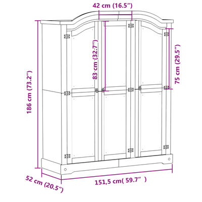 vidaXL Șifonier „Corona”, alb, 151,5x52x186 cm, lemn masiv de pin