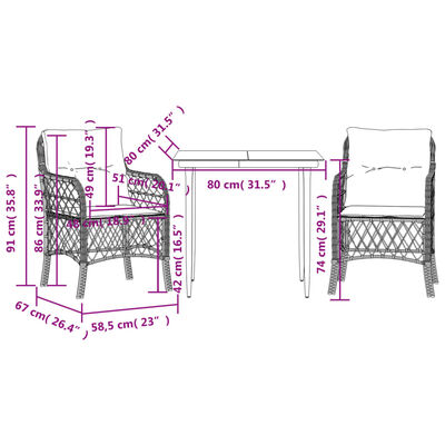 vidaXL Set bistro cu perne, 3 piese, bej combinat, poliratan