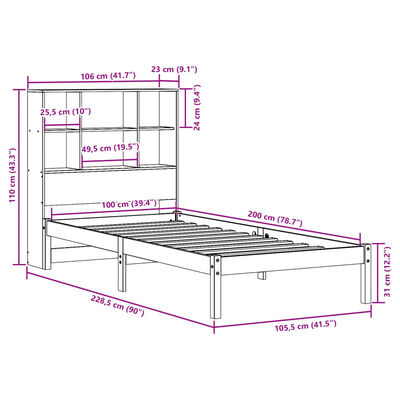 vidaXL Pat cu bibliotecă fără saltea, 100x200 cm, lemn masiv pin