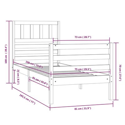 vidaXL Cadru de pat mic single, alb, 75x190 cm, lemn masiv