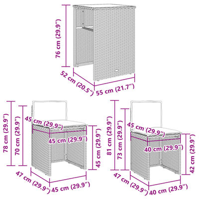 vidaXL Set bistro cu perne, 3 piese, negru, poliratan