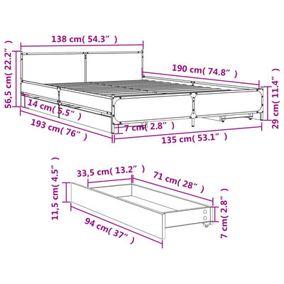 vidaXL Cadru de pat cu sertare, negru, 135x190 cm, lemn prelucrat
