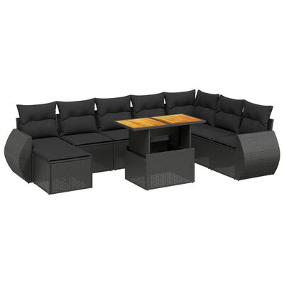 vidaXL Set mobilier de grădină cu perne, 9 piese, negru, poliratan