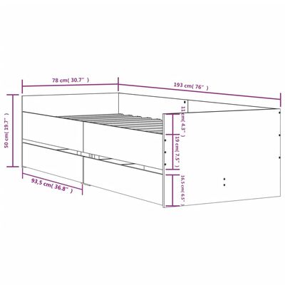 vidaXL Cadru pat cu sertare, stejar fumuriu, 75x190 cm, mic single