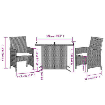 vidaXL Set bistro cu perne, 3 piese, negru, poliratan