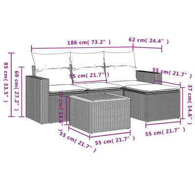 vidaXL Set mobilier de grădină cu perne, 5 piese, negru, poliratan