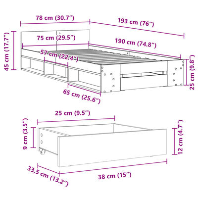 vidaXL Cadru de pat cu sertar stejar sonoma 75x190 cm lemn prelucrat