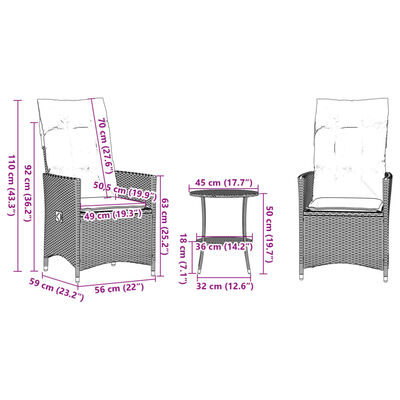 vidaXL Set bistro cu perne, 3 piese, bej, poliratan