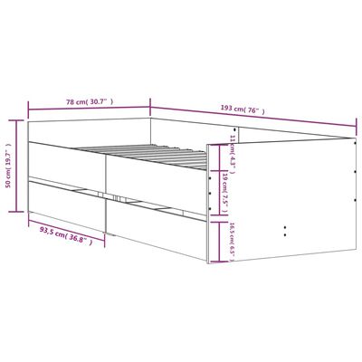 vidaXL Cadru de pat cu sertare, gri beton, 75x190 cm, mic single