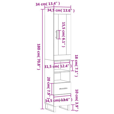 vidaXL Dulap înalt, alb extralucios, 34,5x34x180 cm, lemn prelucrat