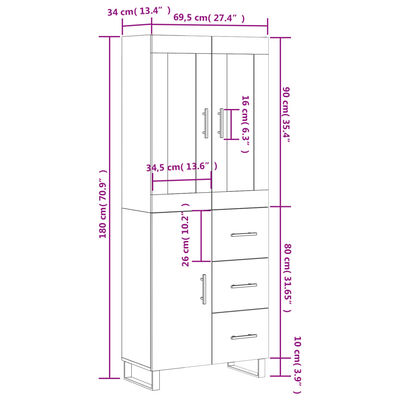 vidaXL Dulap înalt, alb, 69,5x34x180 cm, lemn compozit