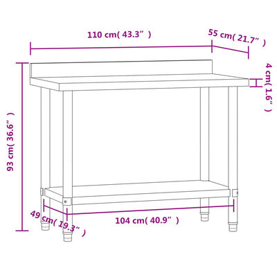 vidaXL Masă de lucru bucătărie bordură antistropire 110x55x93 cm oțel