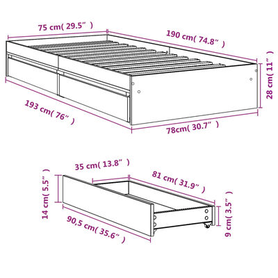 vidaXL Cadru de pat cu sertare, alb, 75x190 cm, lemn prelucrat