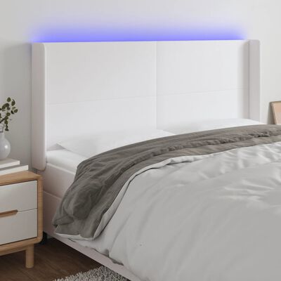 vidaXL Tăblie de pat cu LED, alb, 183x16x118/128 cm, piele ecologică